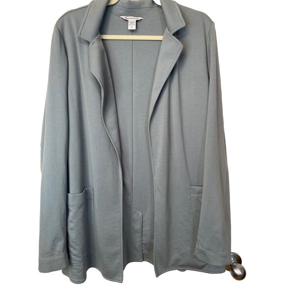 Athleta Eastbound Blazer Jacket Size 14 Gray Blue Open Front Pockets Travel - Picture 1 of 4